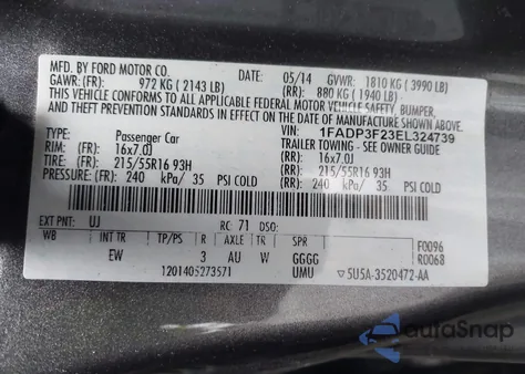 2014 Ford Focus Se z USA, uszkodzony, nr VIN 1FADP3F23EL324739